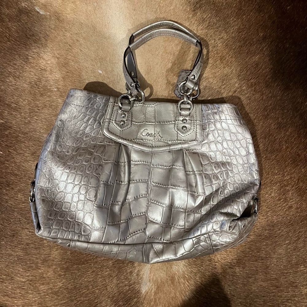 Coach Silver Croc-Embossed Women's Bag with Pink Interior